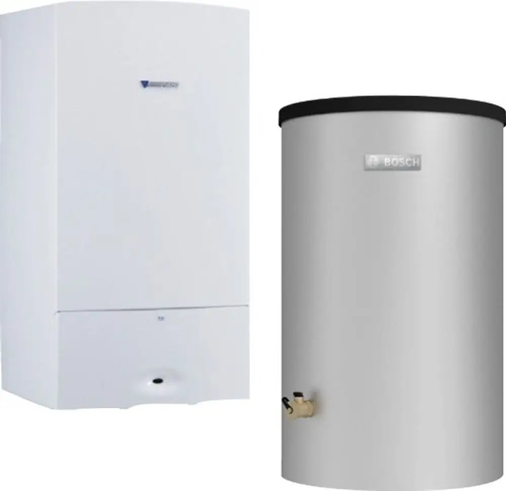 Weißes Heizgerät von Bosch auf der linken Seite, daneben silberner Wassertank mit einem Auslassventil. Beides ist für Heiz- und Warmwasserversorgung vorgesehen.